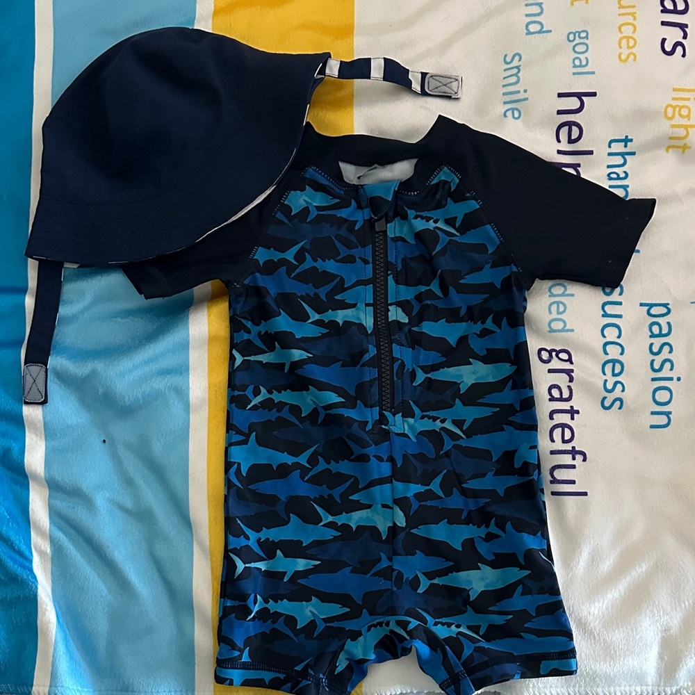 Kids Blue Shark-Print Rash Guard Swim Suit with Sun Hat